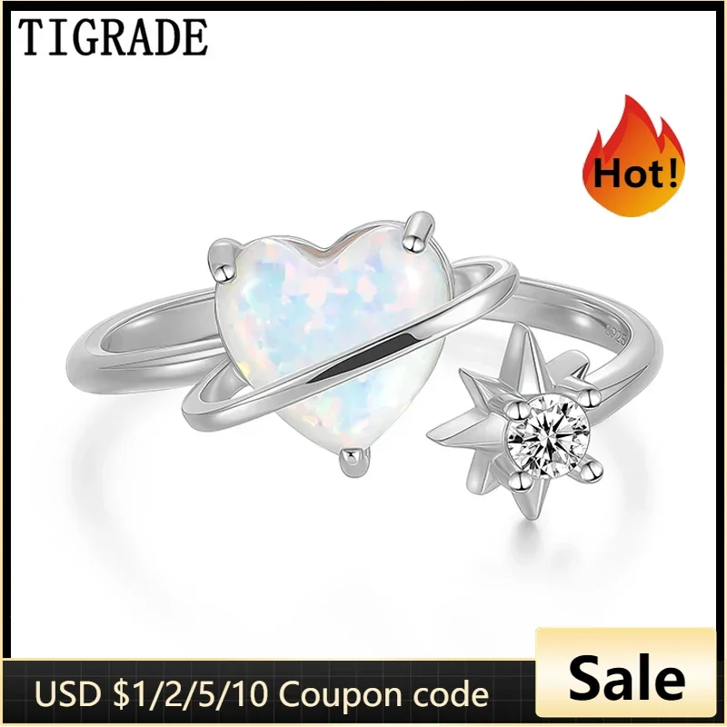 Tigrade Real 925 Sterling Silver Opening Rings For Women Shining Opal Heart & Sun Finger Ring Wedding Band Party Fine Jewelry