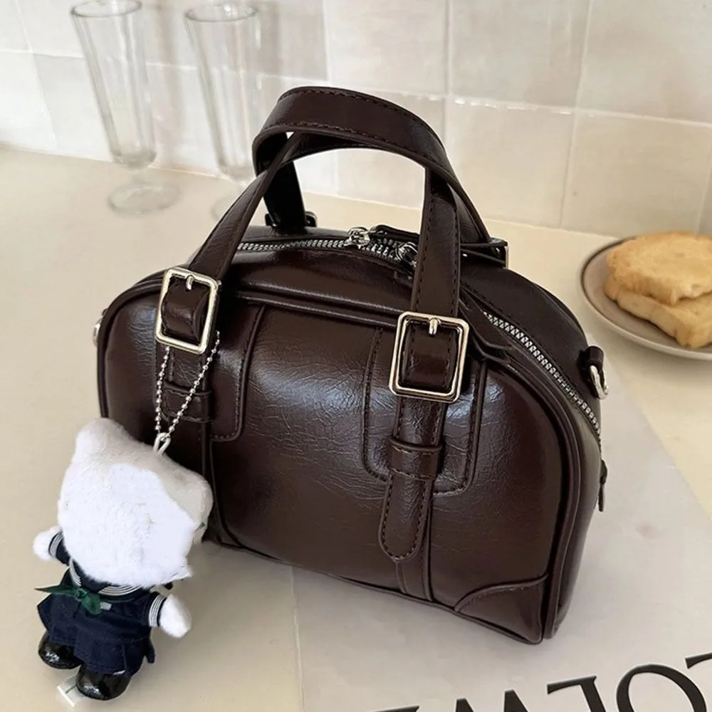 

Ins PU Leather PU Bowling Bag Solid Color Shoulder Bag Retro Handbag Purse Korean Style Boston Bag Shopping