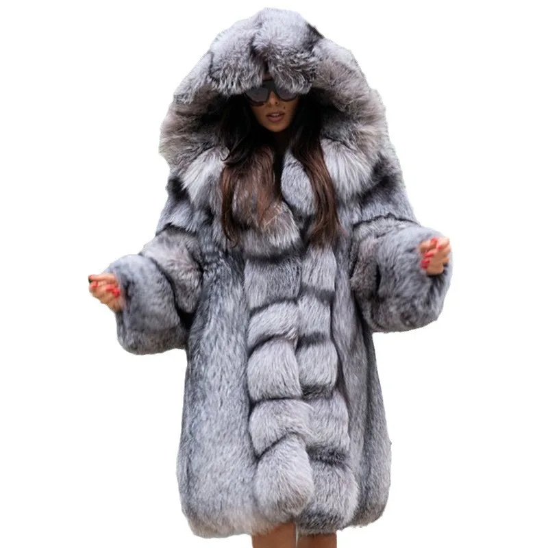 

Oversized Winter Women Imitation Fur Coat Gradient Plaid Big Hood Lady's Faux Fox Fur Jacket Mid Length Desinged Female Fur Coat