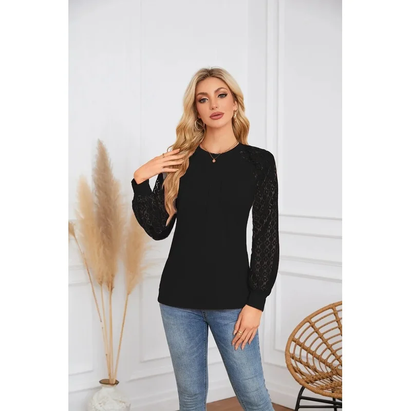 Spring Autumn Nound Neck Solid Color Long Sleeved Pleated Lace T Shirt Fashionable Office Elegant Commuting Style Women's Tops
