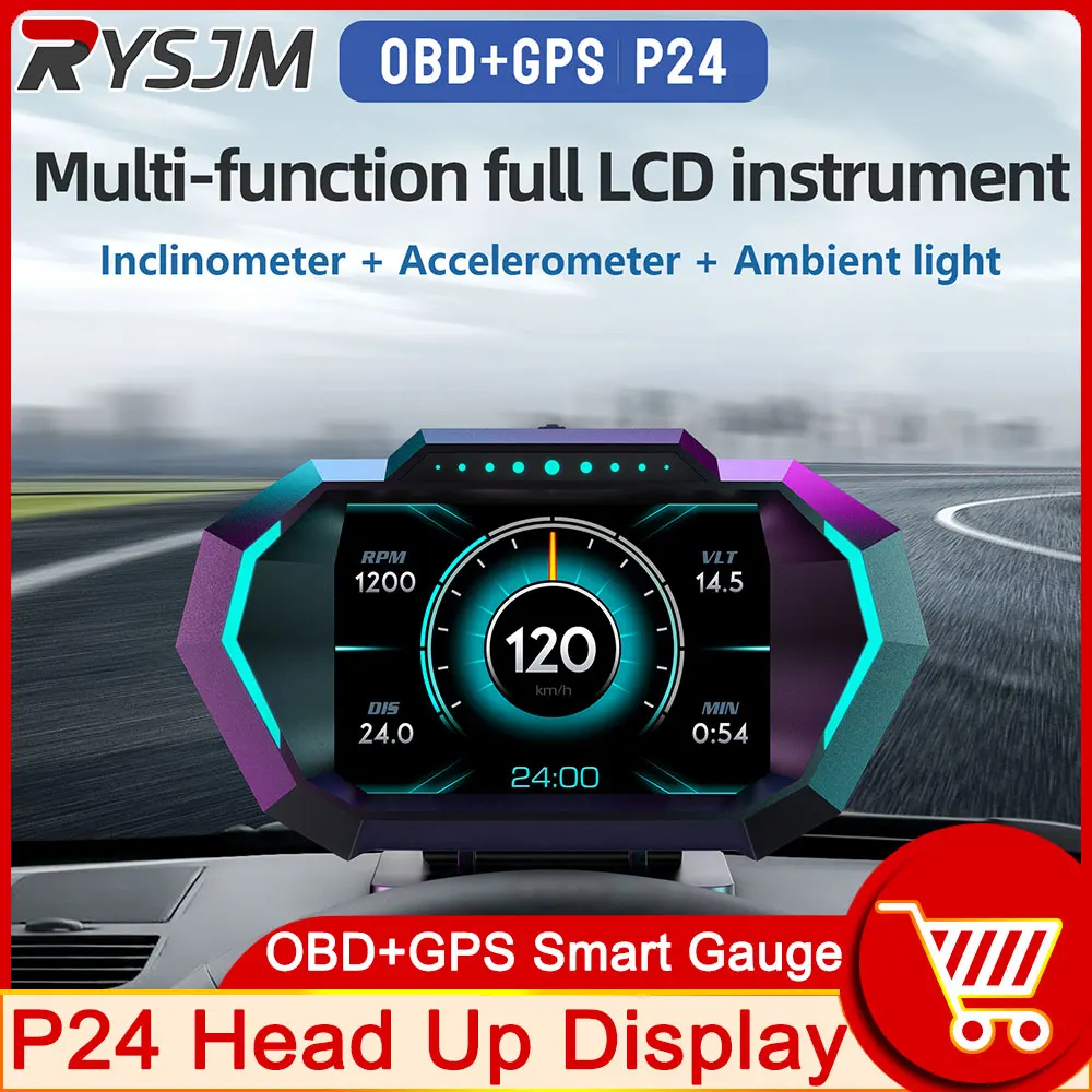 P24 Newest on-board Computer HUD OBD2 Head Up Display GPS Speedometer 12 Interface Display Turbo Coolant Temp OBD Scanner Fuel