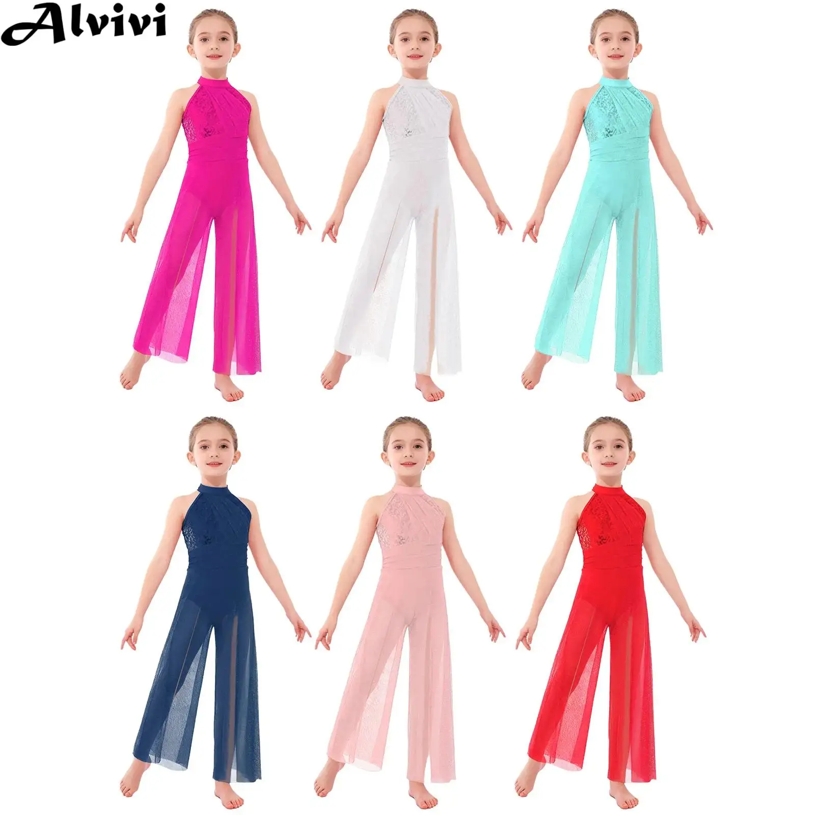 Children Girls Shiny Sheer Mesh Modern Lyrical Dance Jumpsuit Skating Gymnastics Acrobatics Ballet Bodysuit Built-in Briefs
