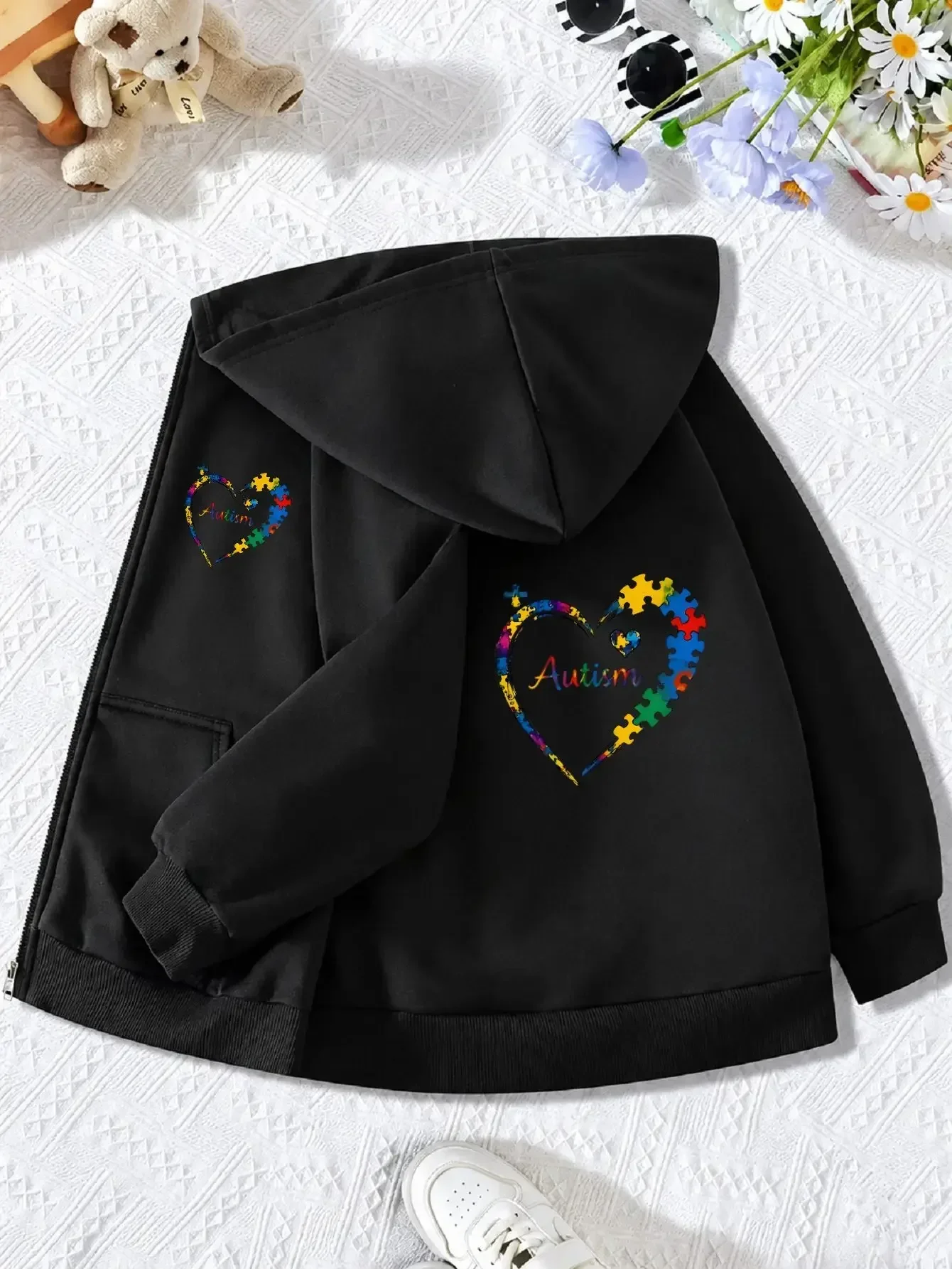 Kids Boys Girls Color Jigsaw Heart Autism Text Zip Hooded Coat Loose Long Sleeve Outdoor Fashion Daily Outer Top