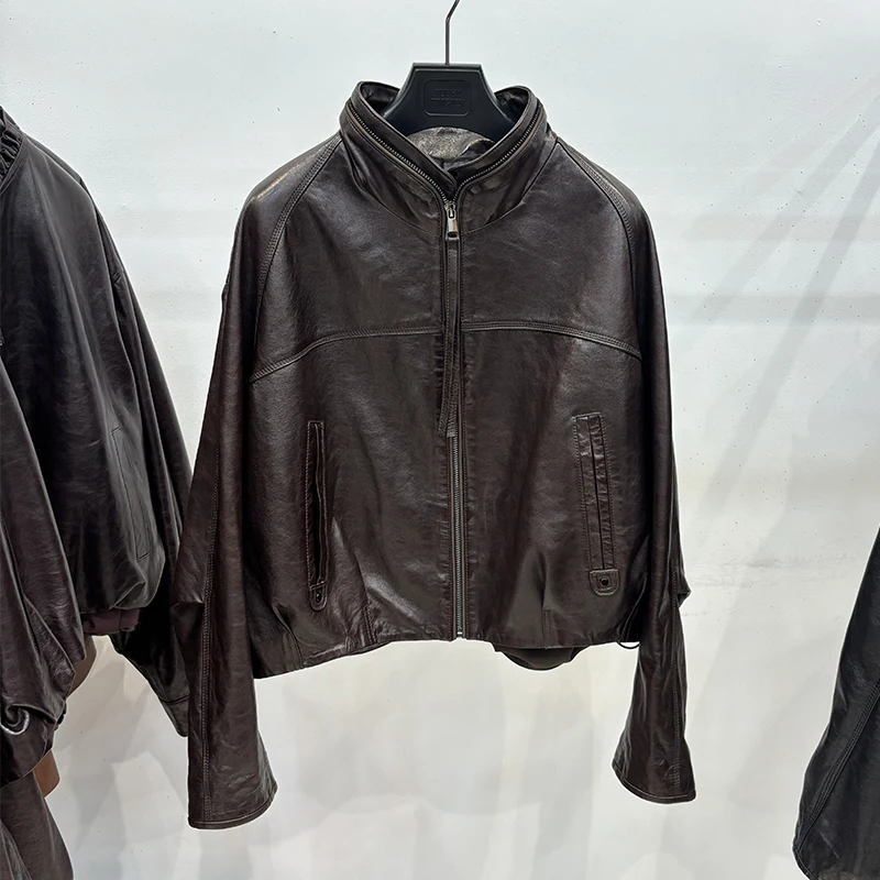 New Design Women Autumn Black Sheepskin Genuine Leather Jacket Fashion Loose Oversize Short Overcoat