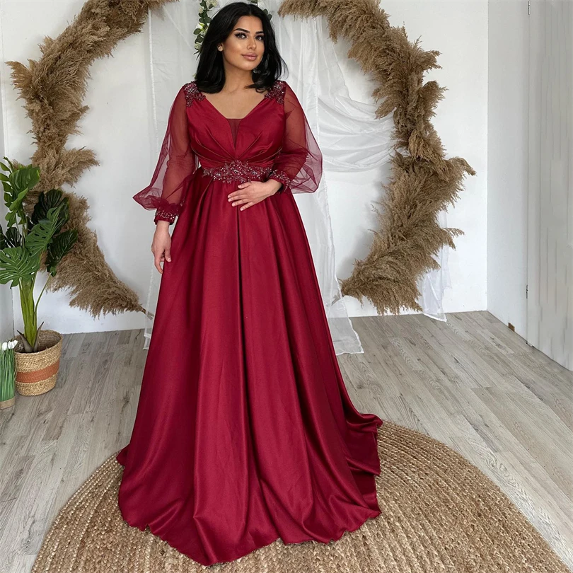 Nersesyan Red V Neck Elegant Evening Dress Tulle Puff Long Sleeves Formal Party Dresses Glitter Satin Pleated Prom Gowns 2023