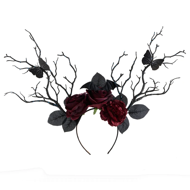 Fascia per capelli di Halloween Gothic Retro Black Rose Tree Branch Hairband fiori Vintage farfalla costumi Cosplay copricapo