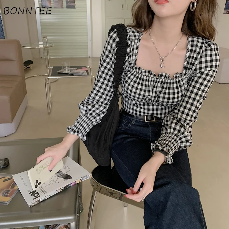 Long Sleeve Blouse Women Sexy Ladies Sweet Square Collar Plaid New Design Korean Fashion Slim Casual Edible Tree Fungus Hot Sale