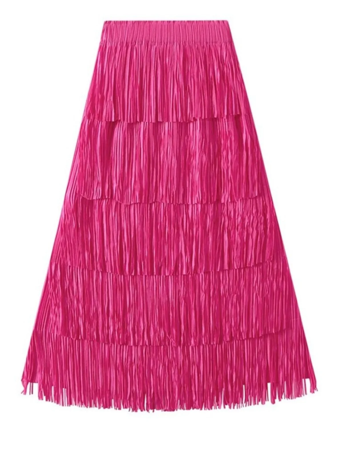 

Elastic Waist Fringe Skirt Women's High Waist Midi Skirt Color Street Sle Spring Faion Elastic Waist Skirts