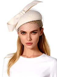 White Wool Felt Beret Hat with Bow Veil Elegant Winter Fascinator Top for Women Lady Church Wedding Party Cocktail Elegant