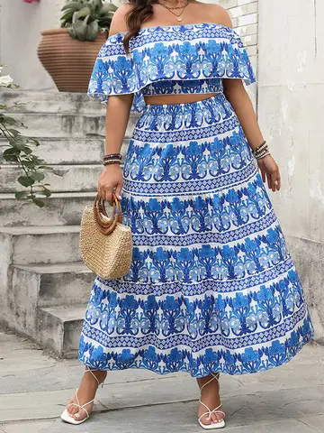 Women's Retro Boho Pattern Blue Print Off-shoulder Cropped Top Elastic Waist Casual A-line Long Skirts Two-piece Plus Size Sets