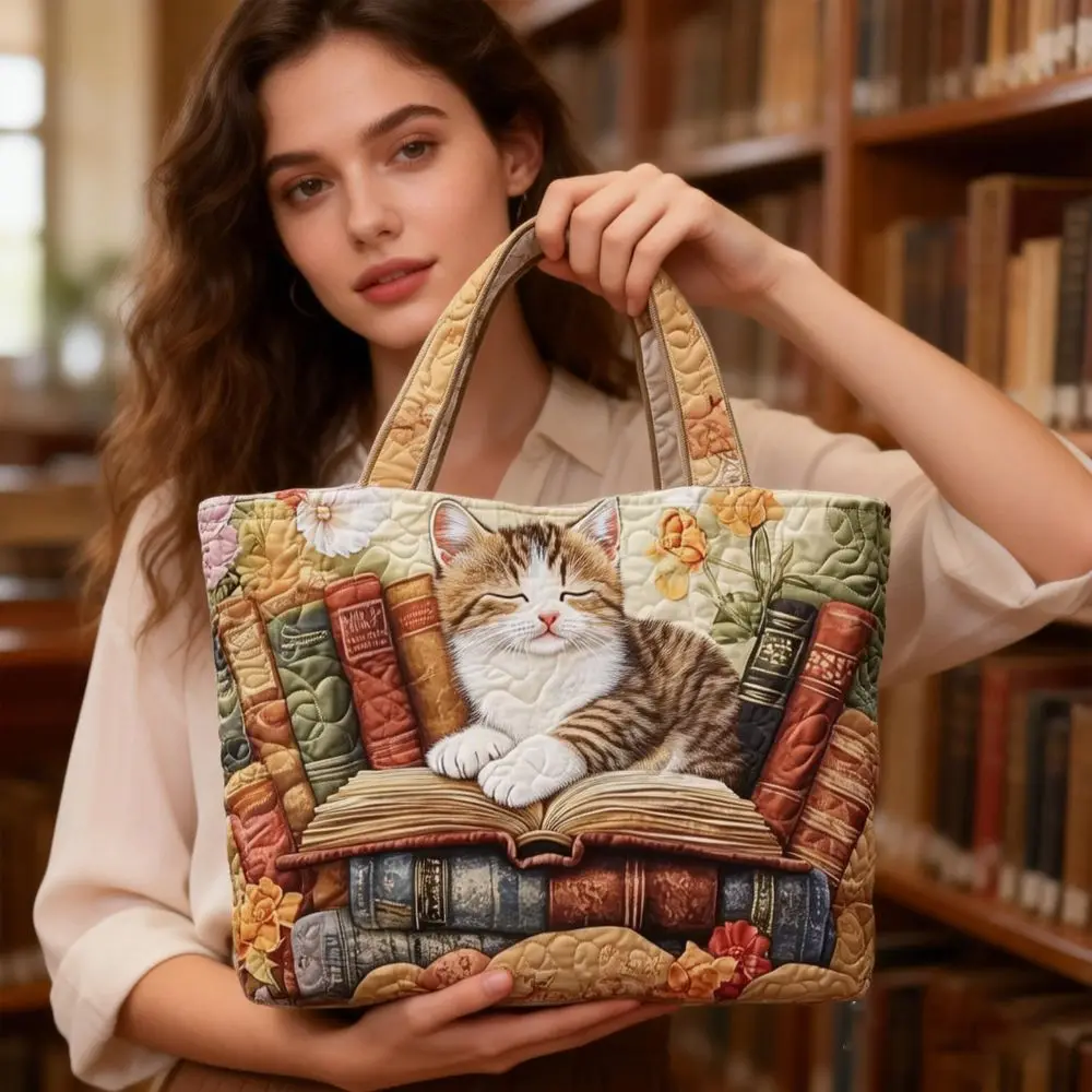 Cat Patterns Women Quilted Tote Bag Vintage Lightweight Travel Handbag Cotton Large Capacity Shopping Bag Lady Girl