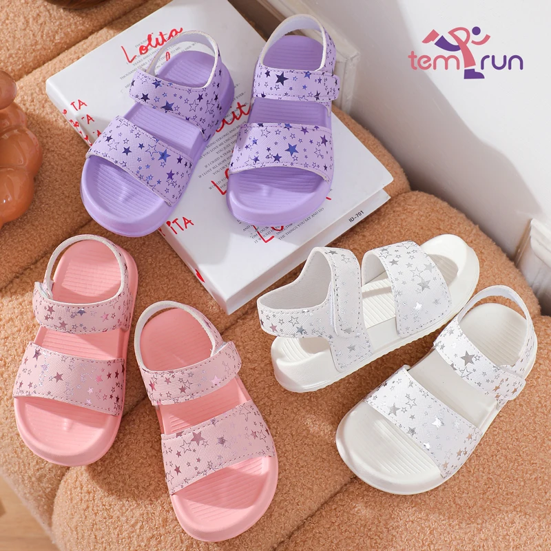 Girls' Shiny Star Outdoor Sandals Summer Printed Soft-Soled Non-slip Slippers Open-Toe Durable Baby Beach Shoes