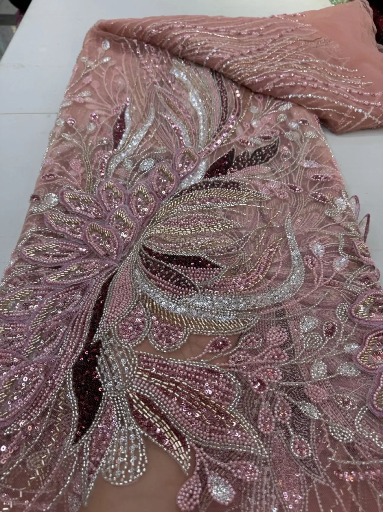 

5-ярдовая розовая сетчатая тюлевая ткань с блестками и бисером, африканская и нигерийская кружевная ткань на метр, подходит для дизайна свадебных платьев