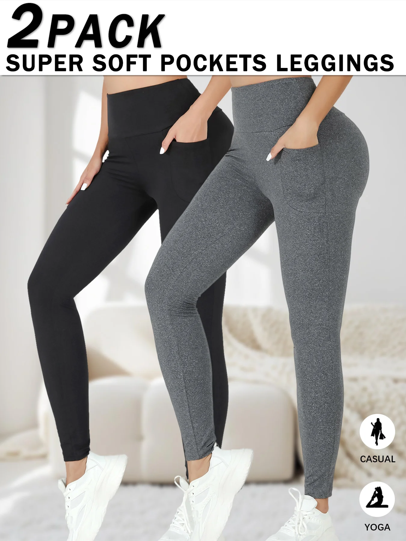 

2 Pack Super Soft Sports Leggings With Pockets For Women High Waisted Workout Yoga Running Tight Pants Push Up Gym Fitness