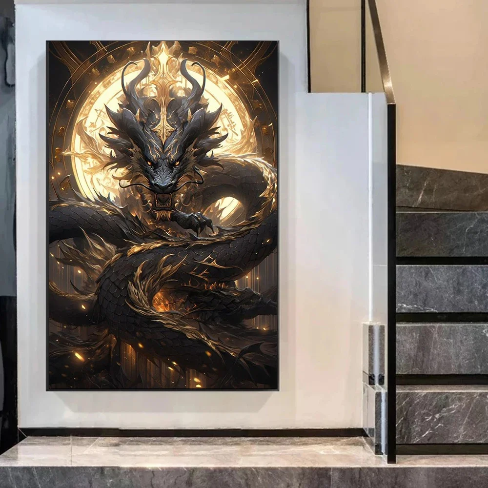 Cool Dragon VS Samurai Anime Golden Buddha Art Canvas Painting Aesthetic Posters Prints Bedroom Cartoon Wall Pictures Home De