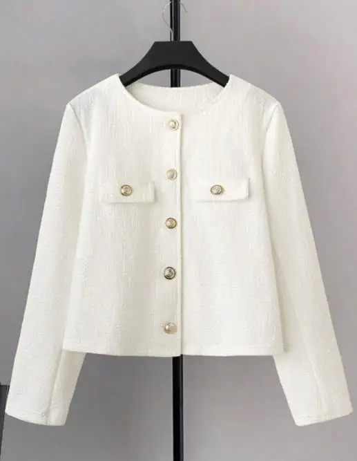 秋らしい無地のラウンドネックボタンアップショートジャケット、エレガントな社交界スタイルと小さな香りの漂う気質を備えたショートジャケット