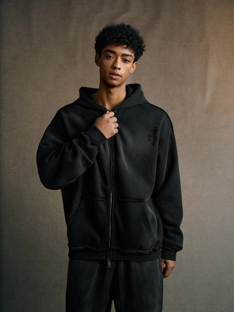 Men's Zip Up Hoodies Y2k Distressed Washed Oversize Cardigan Hoodie Plus Plush Tie-dye Fraying Hooded Sweatshirt Autumn Winter