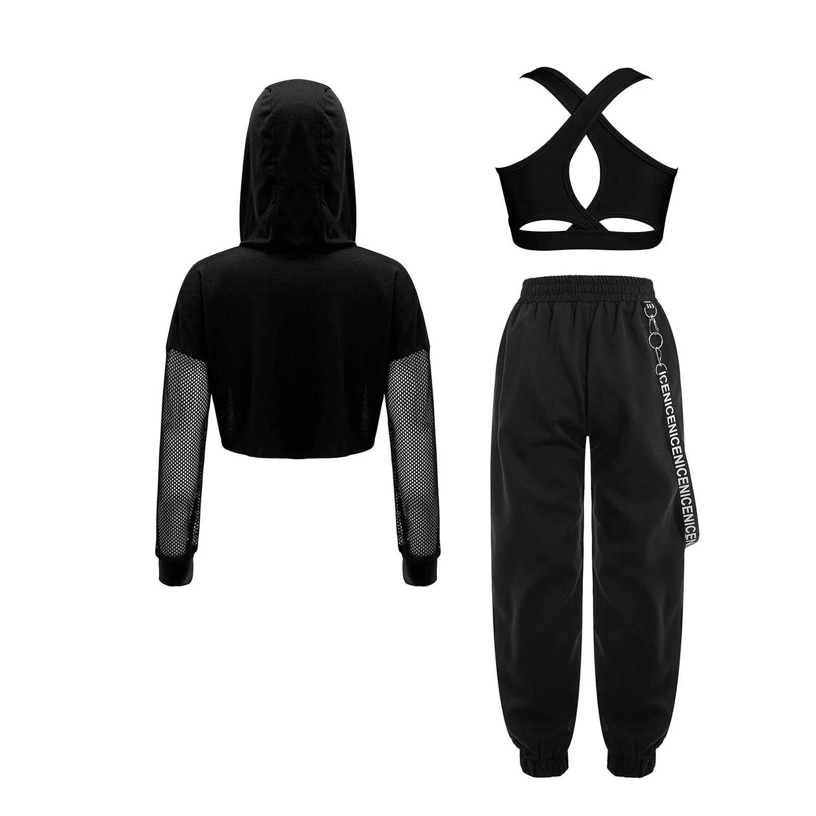 Girls Sport Outfit Shockproof Tank Top Sport Bra And Long Sleeve Hooded Crop Top Sweatpants Street Dance Set Running Cycling Gym