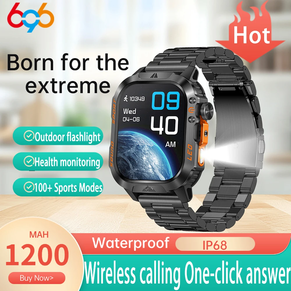 

Умные часы для мужчин с компасом, водонепроницаемые IP68, для активного отдыха, с изогнутым HD-экраном, функцией звонков по Bluetooth, LED-фонариком, часами и аккумулятором 1200 мАч, смарт-часы для здоровья