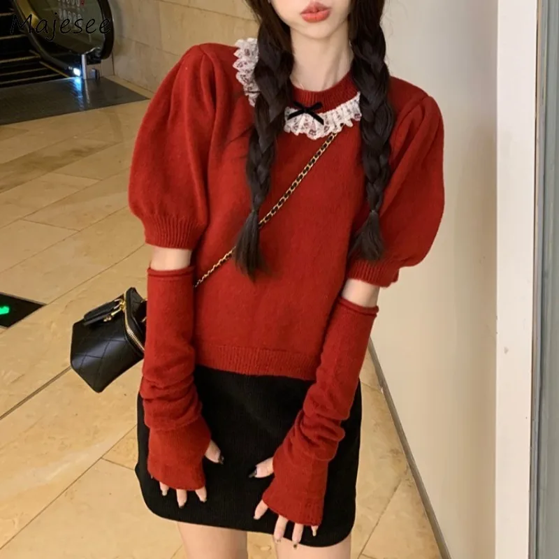 

Пуловеры женские свитера с пышными рукавами и кружевом с бантом, укороченные универсальные корейские модные вязаные классические распространенные осенние внутренние милые Ins