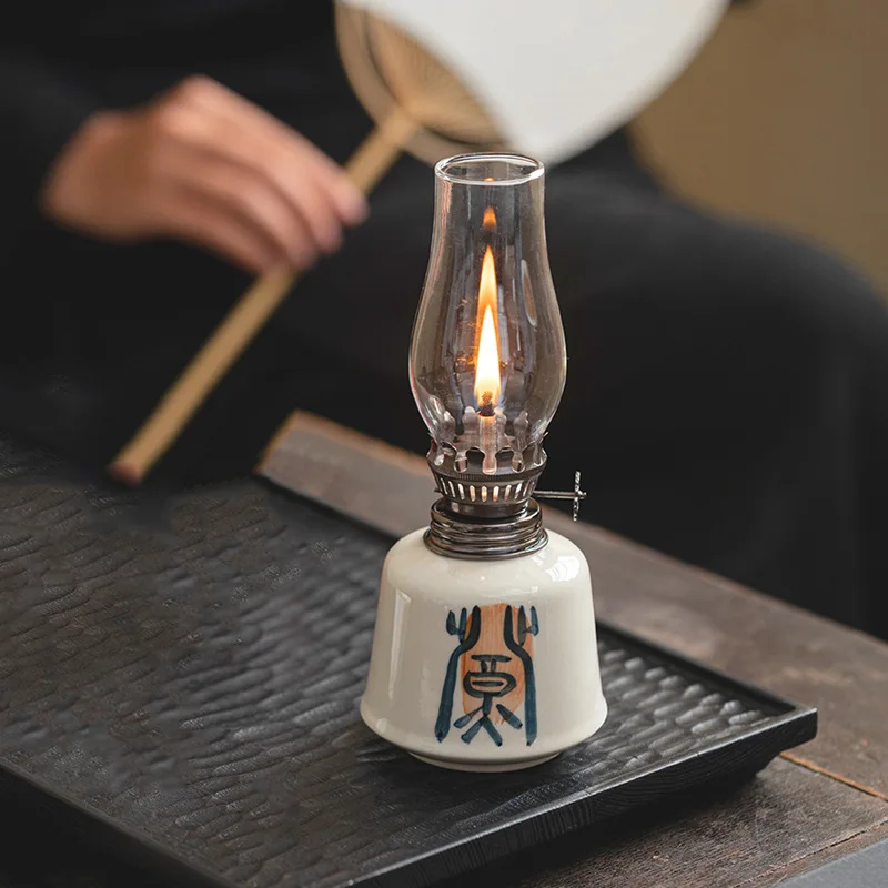 Retro Ceramic Ghee Lamp with Handwritten Verse Windproof Lamp for Chinese Study Tea Room Night Light Decor