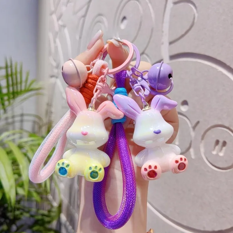 Porte-clés Lapin Dégradé Adorable, Lanière Tressée Lapin 3D, Accessoire de Sac pour Femme, Pendentif Clochette Dessin Animé, Petit Cadeau Créatif pour Couple