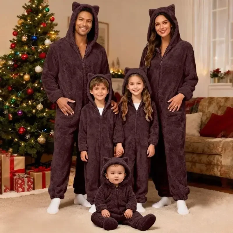 Pijamas cálidos felpa lana CORB para familia, mujeres, hombres, niños, pijamas bebé, pijamas con capucha con orejas