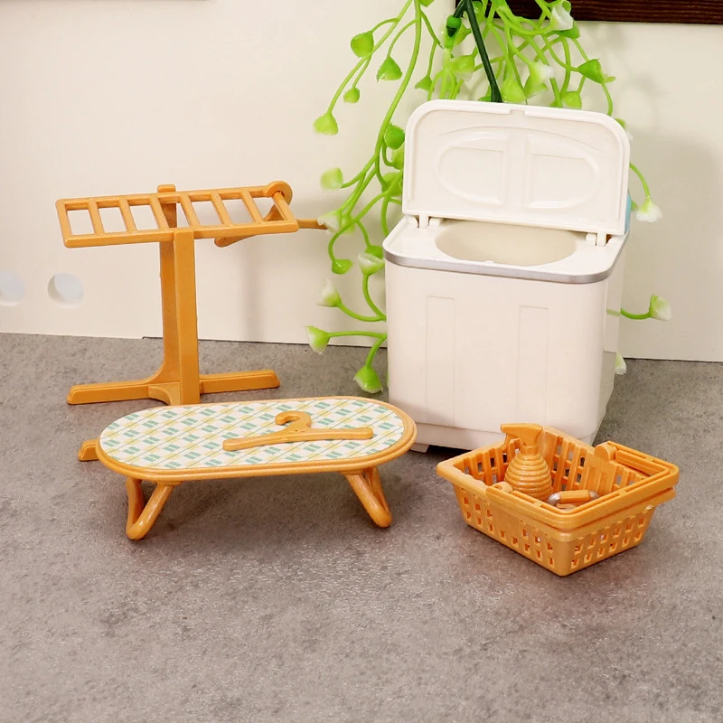 1:12 Dollhouse Miniature Washing Machine Clothes Drying Rack Iron Laundry Set Decor Toy Doll Furniture Kid's Pretend Play Toy