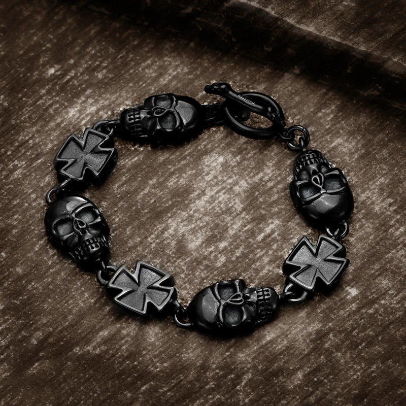 

Hot punk Skull Cross Men Bracelet Vintage Black Cuban Chain Stainless Steel Skeleton Male woman hip hop rock Bangle hand Jewelry