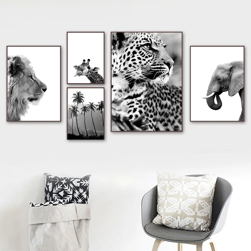 Black and White Animal Plant Art Poster Pineapple Palm Picture Giraffe Elephant Lion Painting Gallery Decorated Canvas Mural