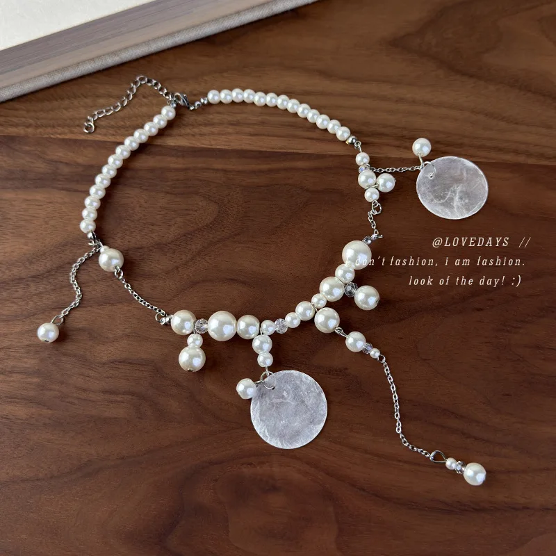 Natural Round Shell Pearl Tassel Necklace French Light Luxury Ethereal Collarbone Choker for Women Beach Vacation