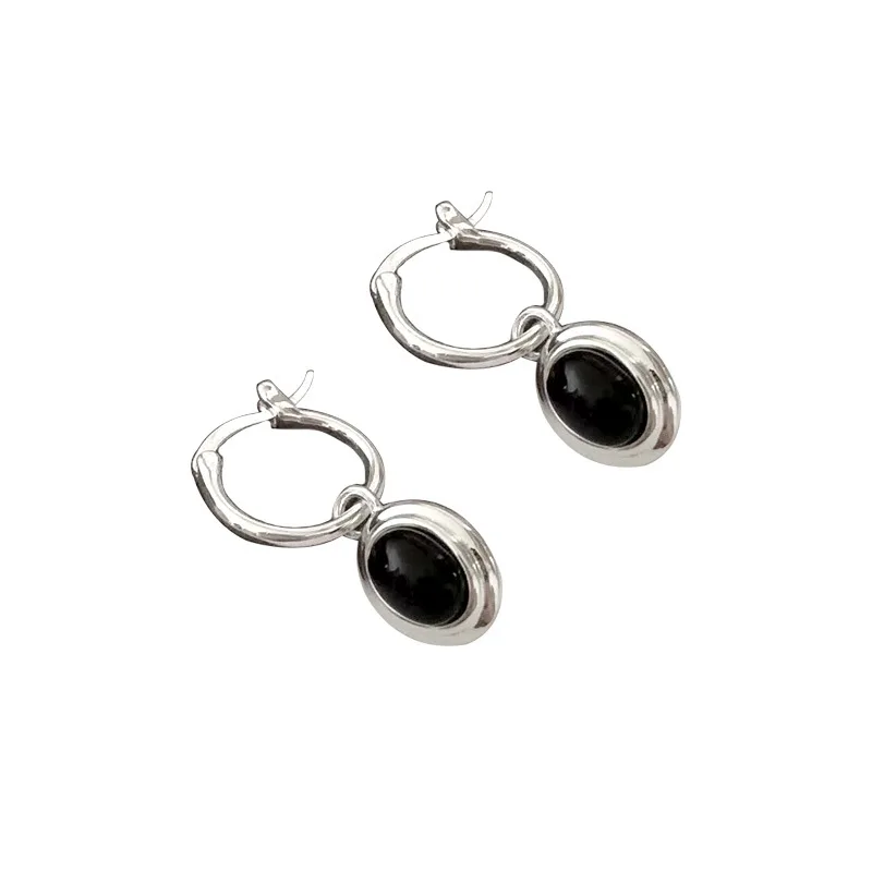 

Sterling silver earrings, women's black agate crystal oval earrings, popular fashion jewelry, holiday gifts