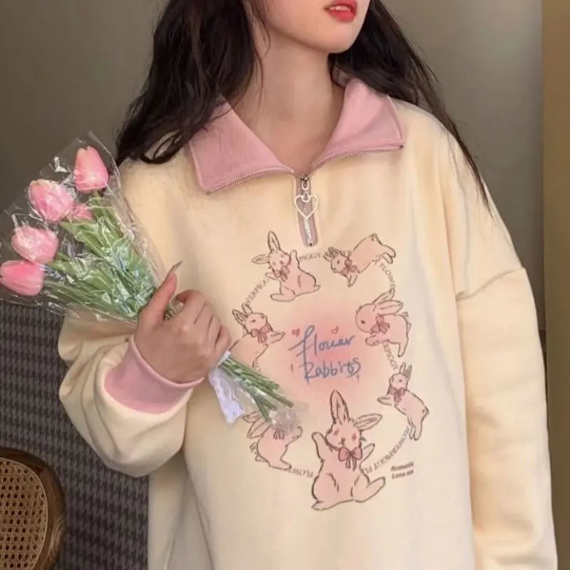 

Cartoon Rabbit Polo-Neck Pullovers Printed Female Clothing Sweet Fashion Zipper Spring Autumn Contrasting Colors Sweatshirts New