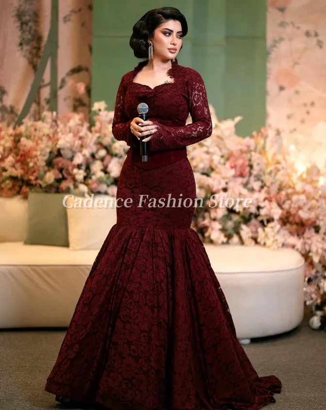 

Customized Elegant Burgundy Long Sleeve Mermaid Arab Prom Dresses Dubai Satin Evening Gowns Formal Banquet Dresses