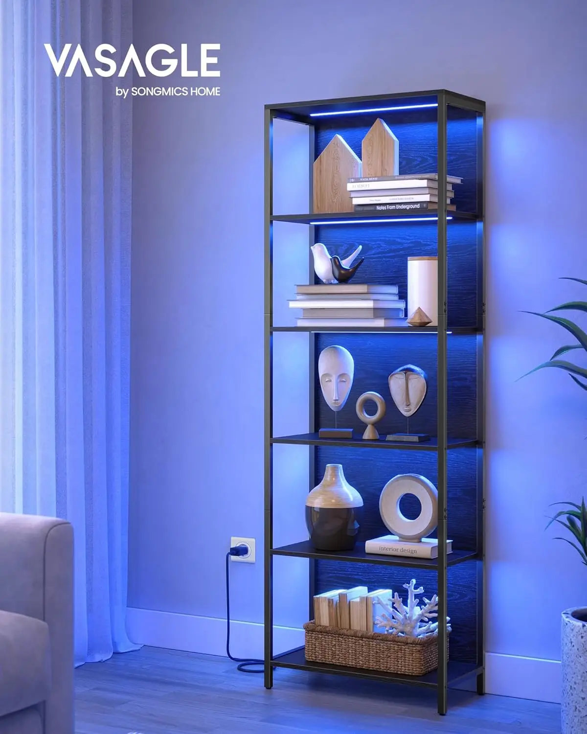 VASAGLE 6-Tier LED Bookcase, Bookshelf with Dimmable Lights, Storage Shelf with Steel Frame, 30.3 x 60 x 178.6 cm