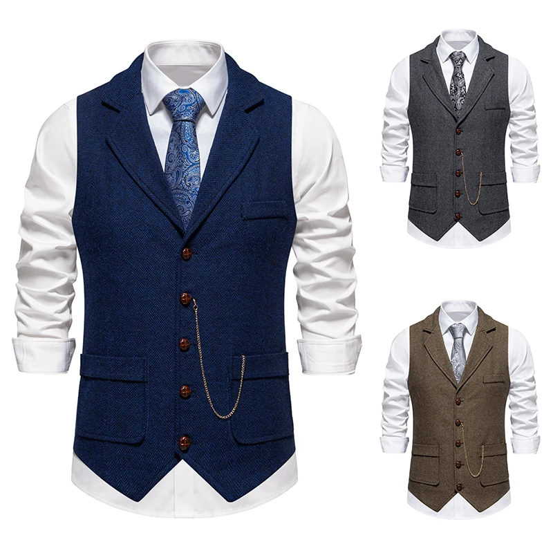 2024 New Men's Fashion Herringbone Tweed Suit Collar Vest Casual Retro Lapel Horse Chain Mail Suit