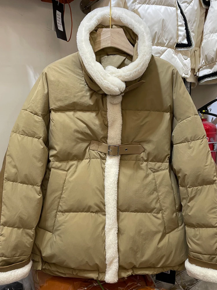 Fitaylor-casaco de pato branco para mulheres, lã de cordeiro casual, parka de retalhos, outwear grosso quente, gola, inverno