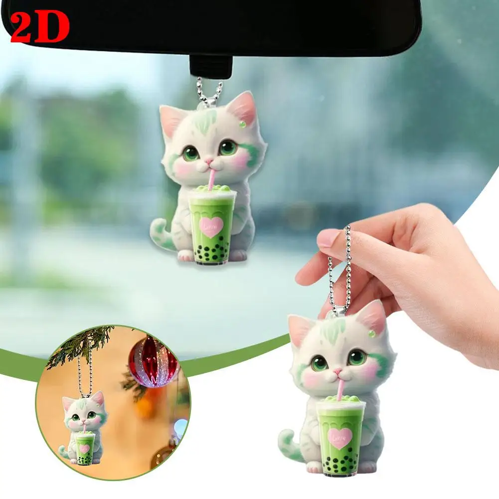 2d Cute Kitten With Drinks Rearview Mirror Pendant Car Hanging Ornaments Car Decoration Accessories Gifts For Women Men Gif A1n8