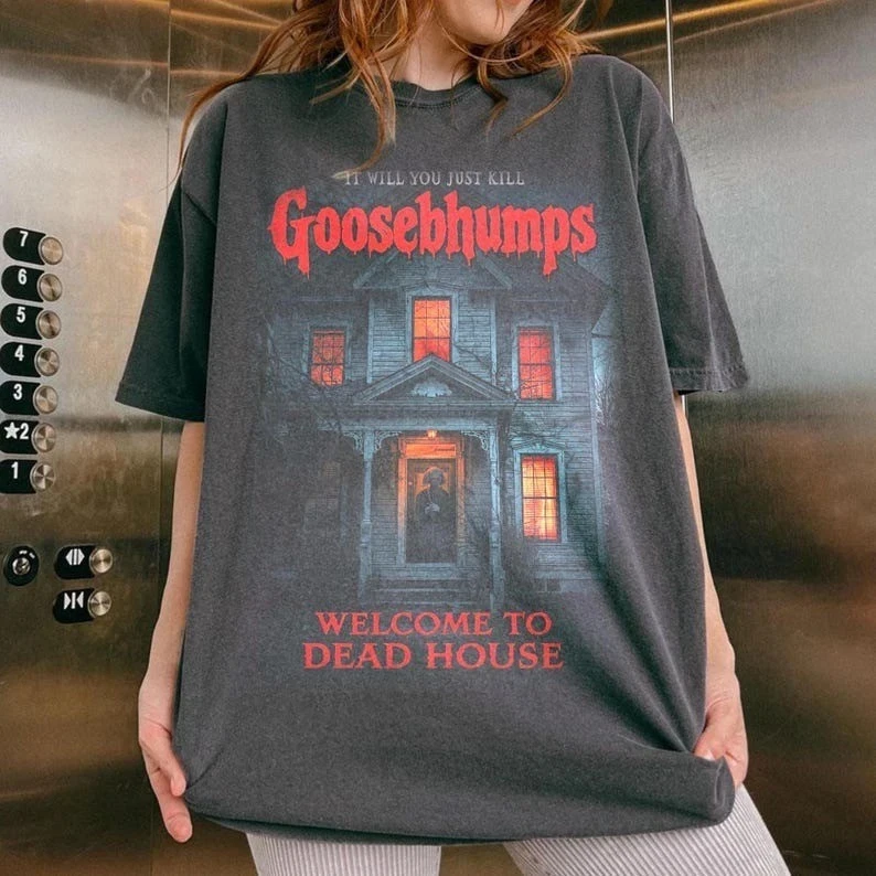 Halloween Goosebumps T-shirt, Retro Haunted House T-shirt for Women, Unisex T-shirt Suitable for All Seasons