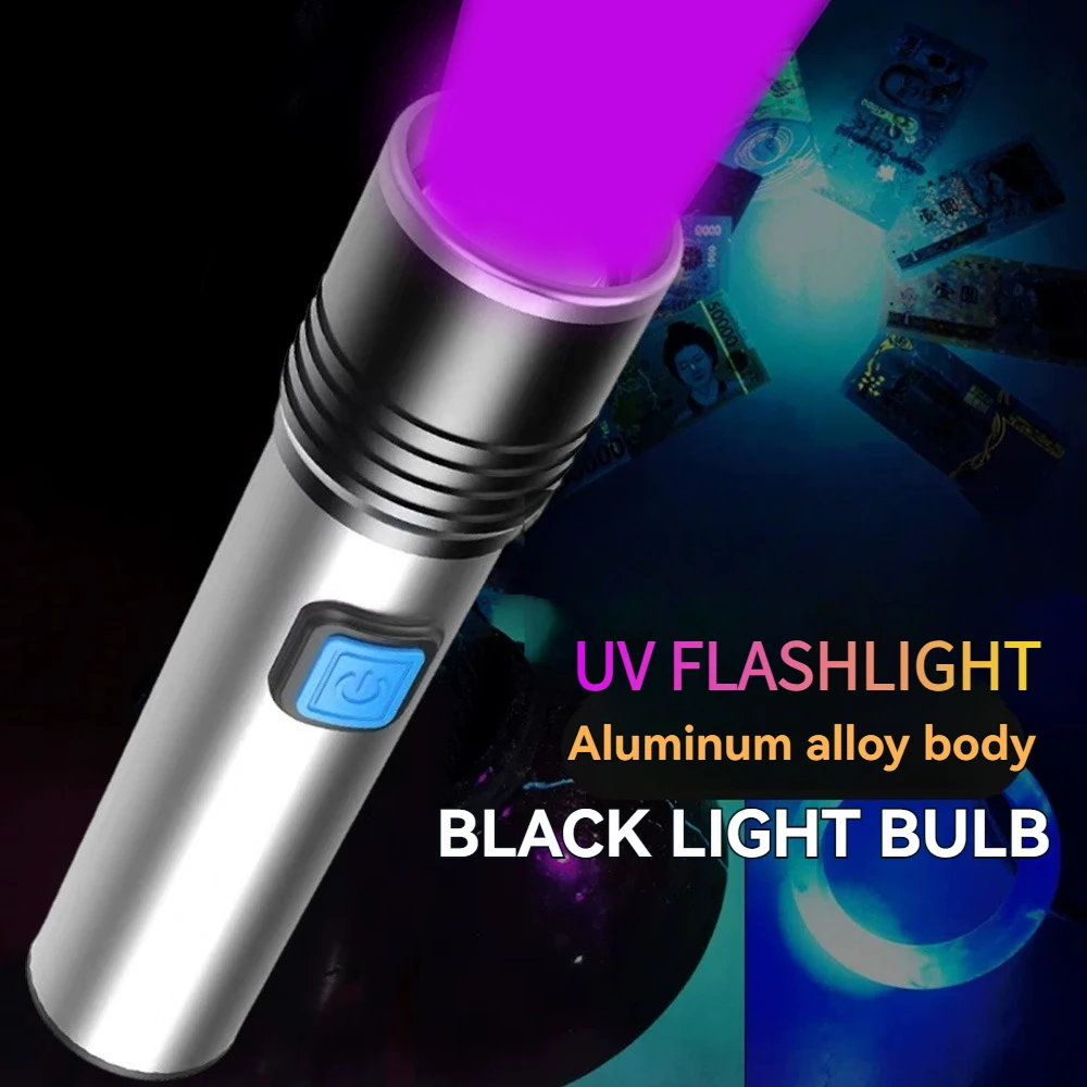 

UV Flashlight High Power LED Ultraviolet Lamp Powerful 395NM Type-C USB Rechargeable Black Mirror Purple Light Detection Torch