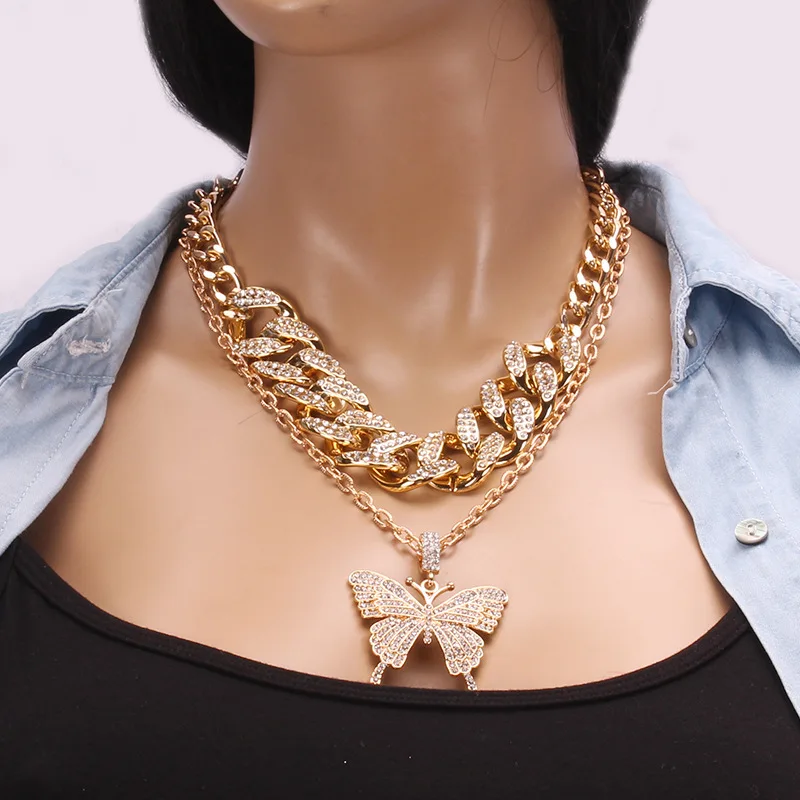 

Exquisite Double Layer Rhinestone Butterfly Necklace for Women Fashion Cool Cuban Chain with Pendant