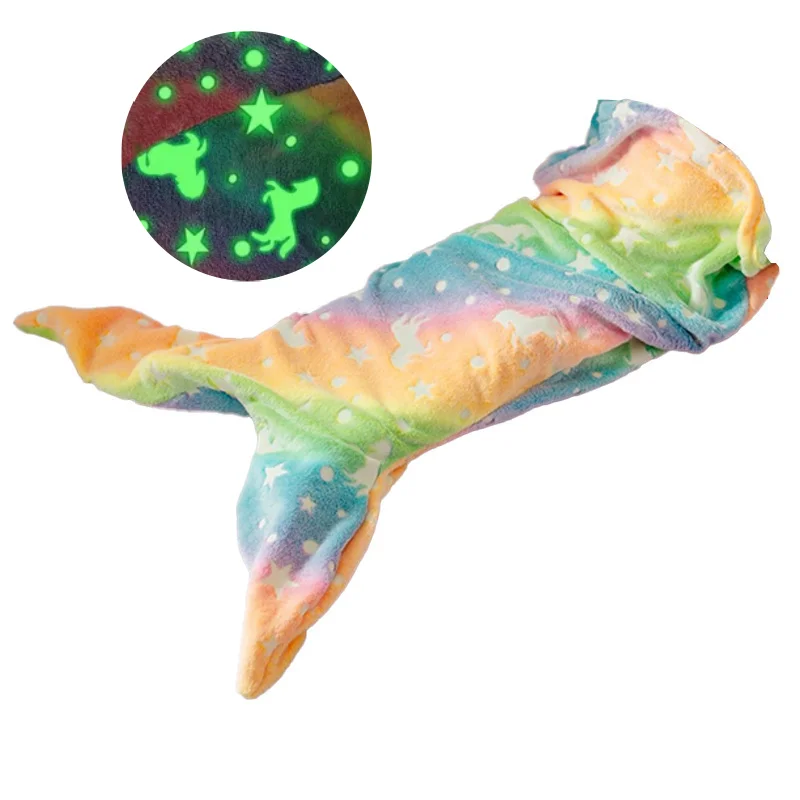 

Night Glow Mermaid Tail Blanket Cartoon Rainbow Unicorn Super Soft Glow in The Dark Flannel Blanket Wearable Gifts All Season