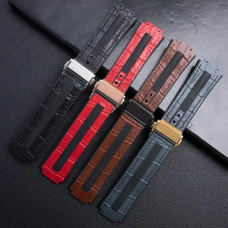 Cuero genuino suave con parte trasera de goma, extremo convexo de 25x17mm para correa Hublot para la serie Big Bang, accesorios de correa de reloj para hombres y mujeres