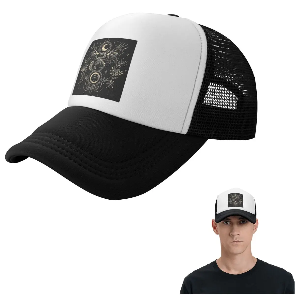 Celestial Dragon And Moon Graphic Tee Mystical Floral Print Cap Fashion Mesh Baseball Caps Adjustable Hat Hip Hop Summer