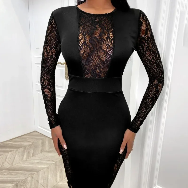 Spring Summer New Women's Clothing Solid Color Lace Stitching See-through Long Sleeve Narrow Dress