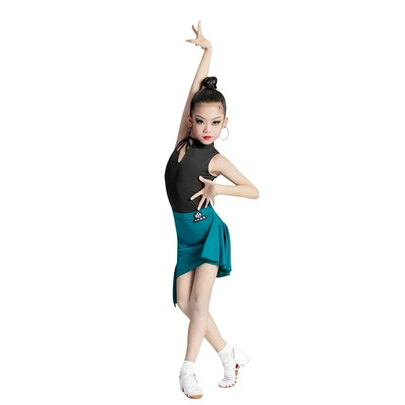 Summer Children Latin Dance Clothing Girls Competition Training  Clothes Latin Dance Performance Skirt Split Suit