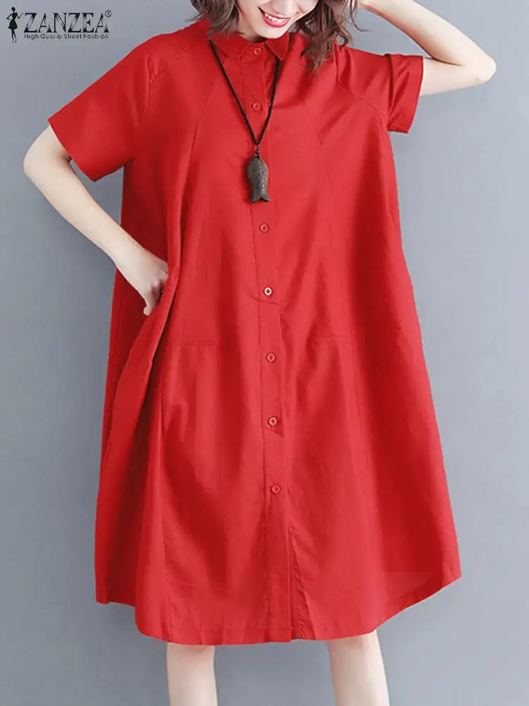 

ZANZEA 2024 Summer Short Sleeve A-line Dress Turn-Down Collar Button Up Women Loose Shirtdress Oversize Elegant Casual Vestidos