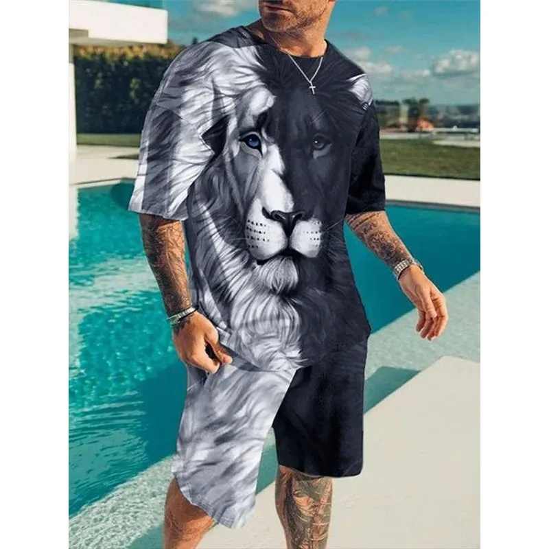 2025 Fashion 3D Printing Lion Print Summer Daily Casual Men's Sports Short Sleeved Shorts Street Trendy Set