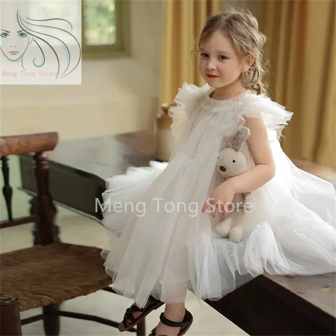 Flower Girl Dress Bohemian Tulle avorio bianco pizzo fiocco ragazze prima comunione abito Junior damigella d'onore Dress