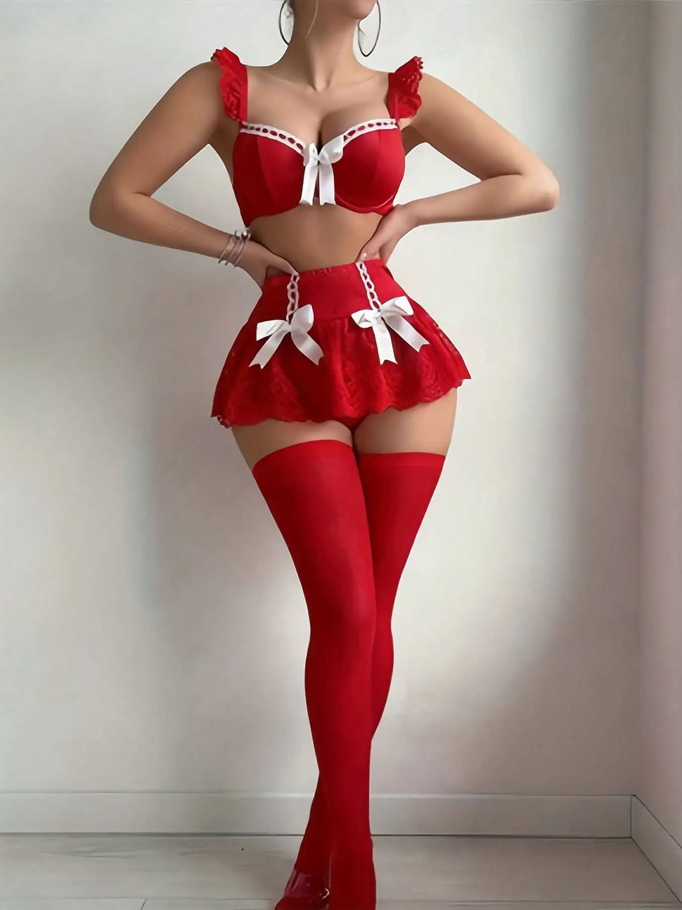 Red Lace 3-Piece Lingerie Set with White Bows - Bra, Skirt & Thigh-Highs